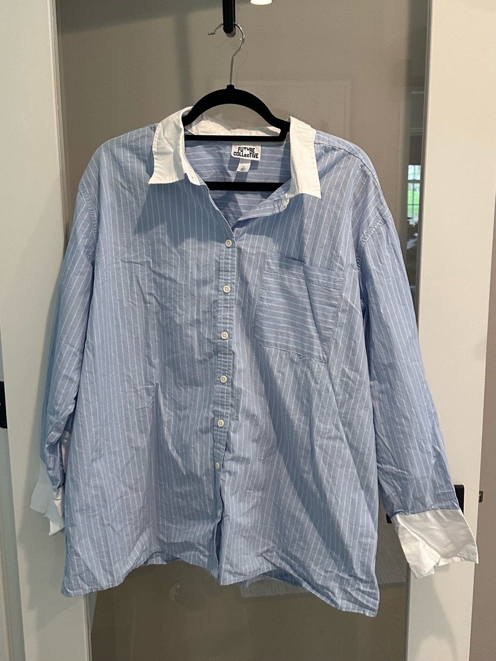 Striped Blue Button-Down Shirt with White Collar and Cuffs